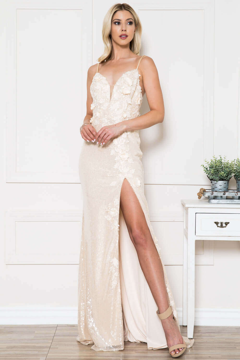 Embroidered Sequin Slit Flower Detailed Long Evening & Wedding Dress AC5020 | Shangri-La Fashion