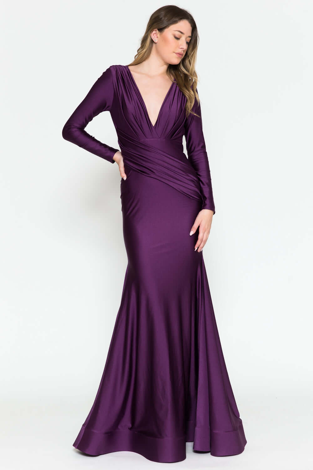 Long Sleeve Plunge Neckline Open Back Long Prom Dress AC381-1 | Shangri-La Fashion