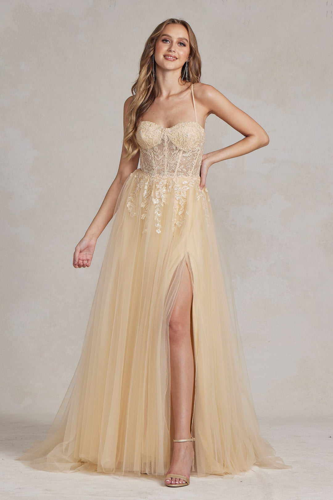 Embroidered Bodice Side Slit Tulle Skirt Long Prom Dress NXJ1089 | Shangri-La Fashion