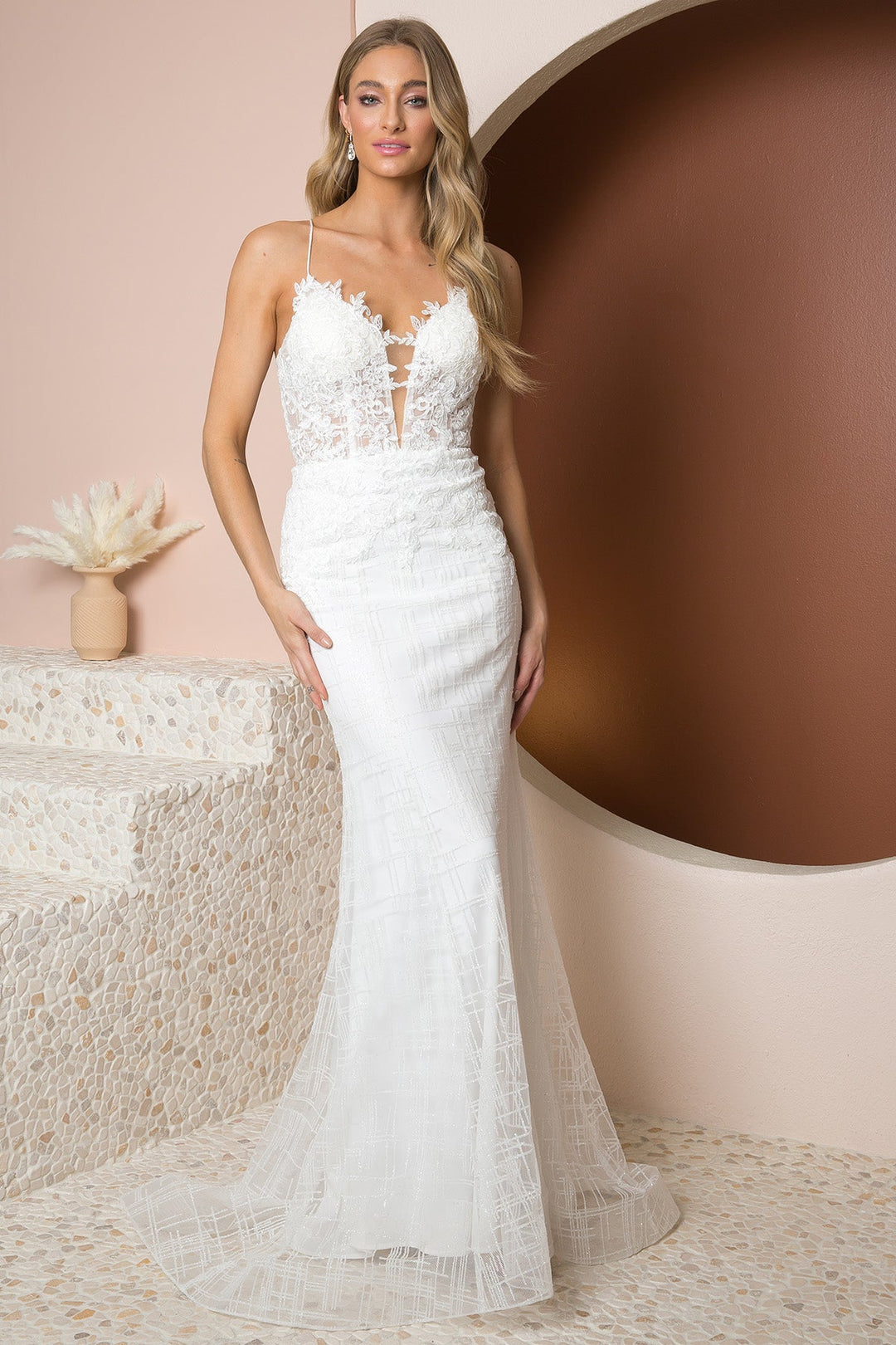 Glittery Deep V-Neck Bodice Trumpet Skirt Long Wedding Dress NXR282-1W | Shangri-La Fashion