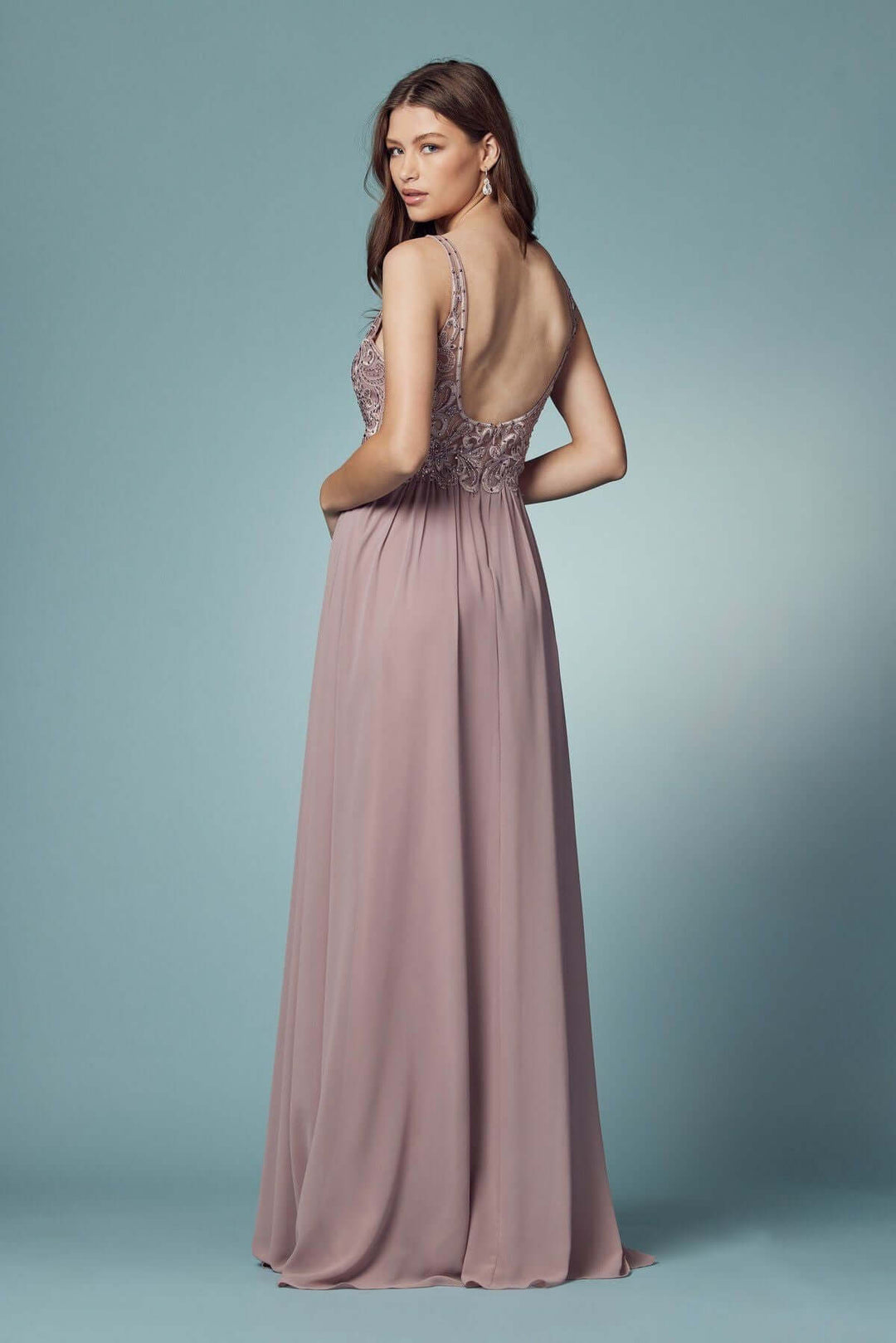 Embroidered Bodice Illusion V-Neck Side Slit Long Bridesmaid Dress NXY299 | Shangri-La Fashion