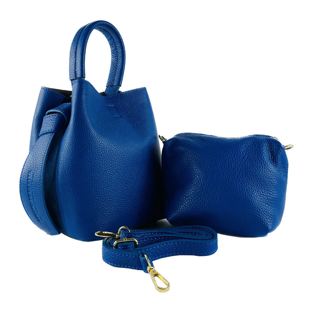 RB1006CH | Bucket Bag with Clutch in Genuine Leather Shoulder bag with shiny gold metal lobster clasp attachments - Royal Blue -4