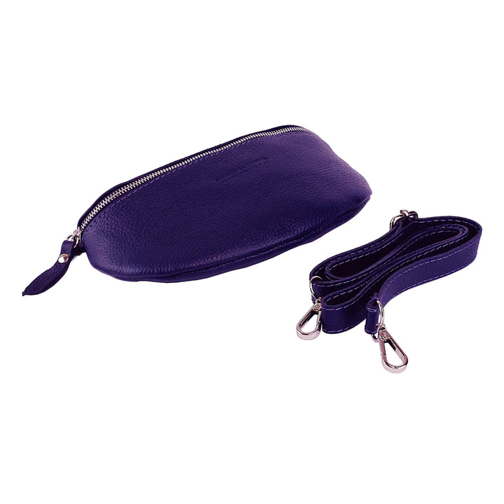 RB1015Y | Waist bag with removable shoulder strap in Genuine Leather Attachments with shiny nickel metal snap hooks - Purple color -0
