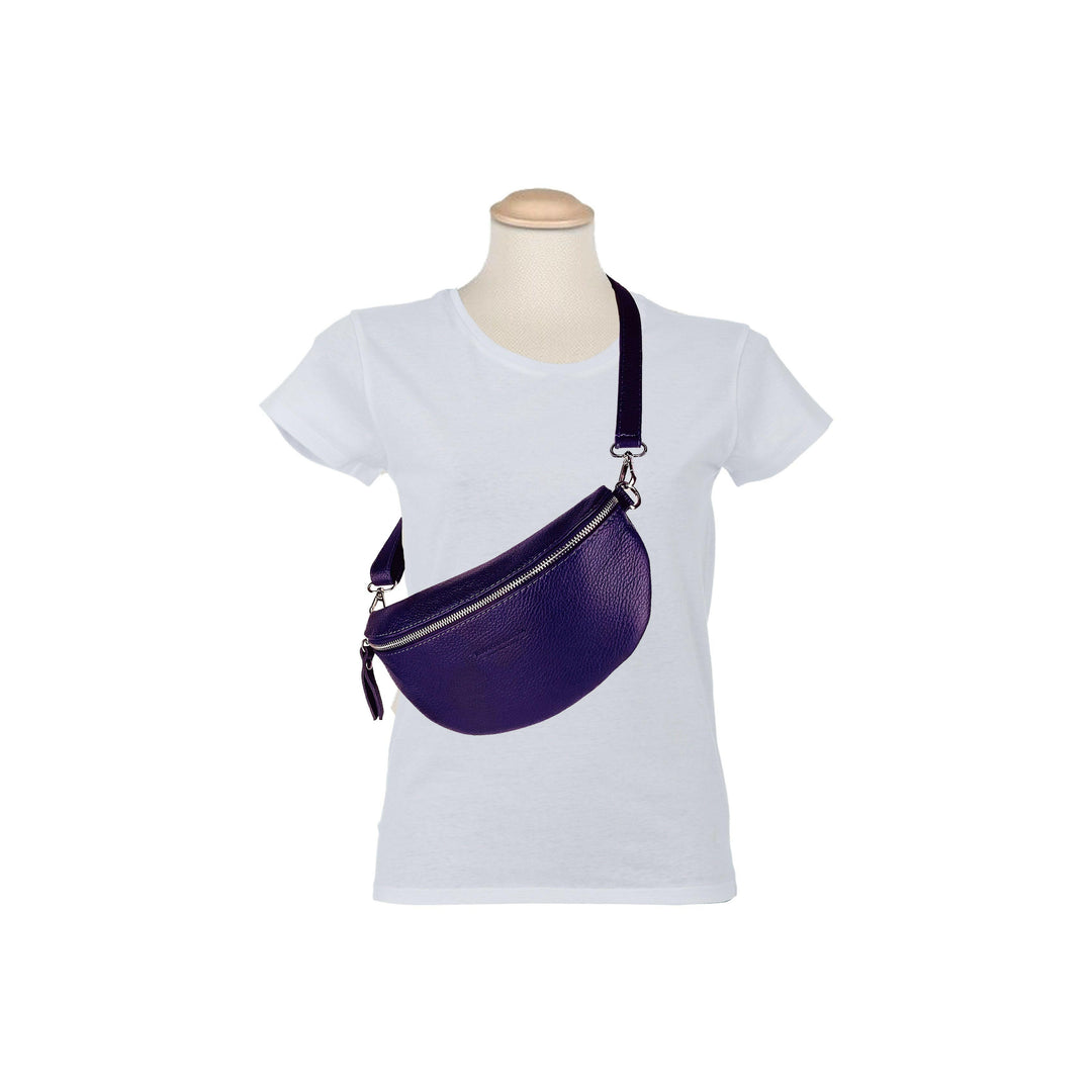 RB1015Y | Waist bag with removable shoulder strap in Genuine Leather Attachments with shiny nickel metal snap hooks - Purple color -6