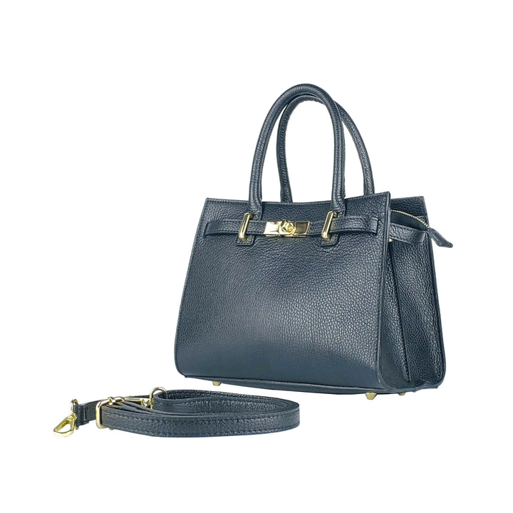 RB1016A | Women's handbag in genuine leather with removable shoulder strap. Attachments with shiny gold metal snap hooks - Black color -0