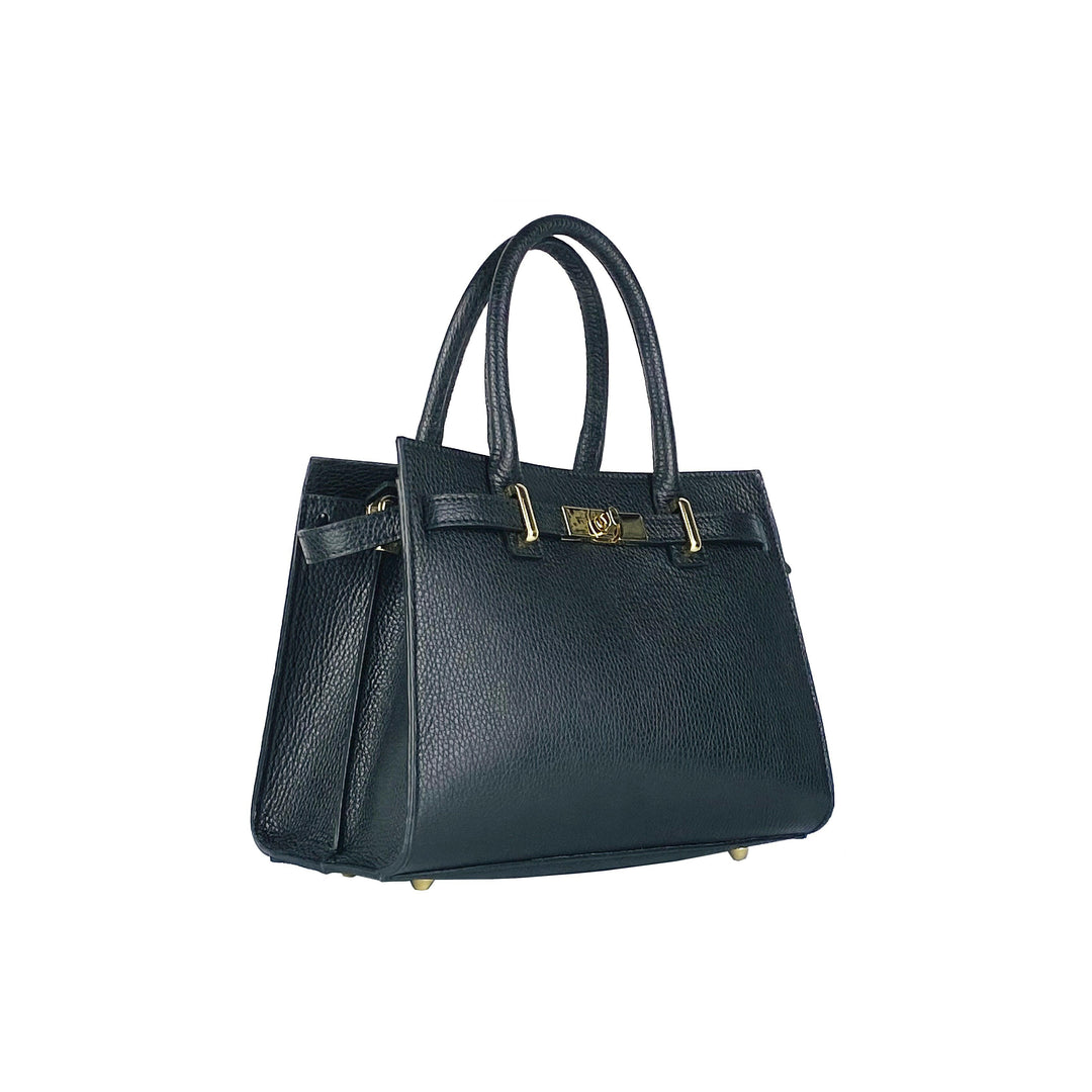 RB1016A | Women's handbag in genuine leather with removable shoulder strap. Attachments with shiny gold metal snap hooks - Black color -1