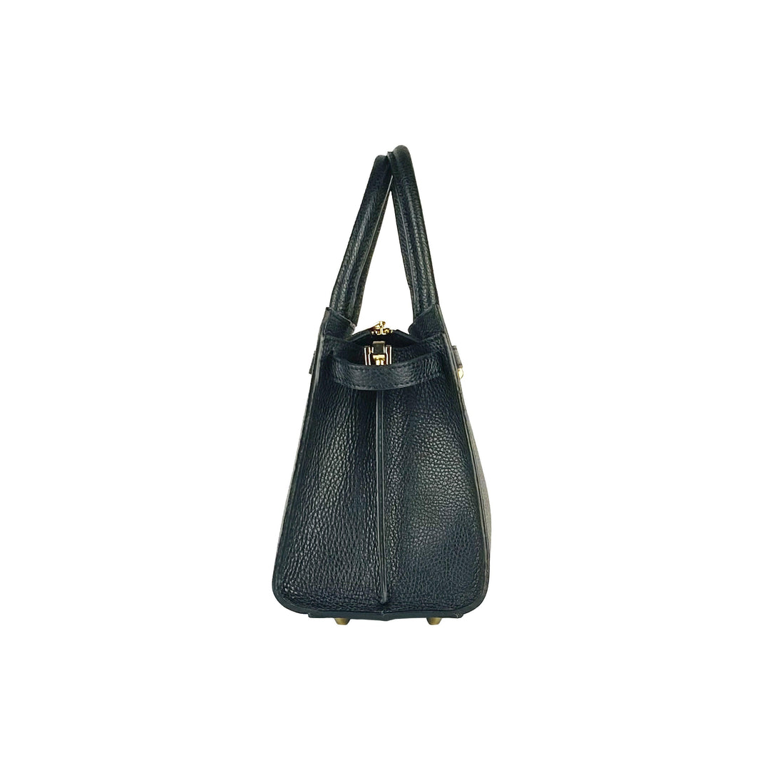 RB1016A | Women's handbag in genuine leather with removable shoulder strap. Attachments with shiny gold metal snap hooks - Black color -4