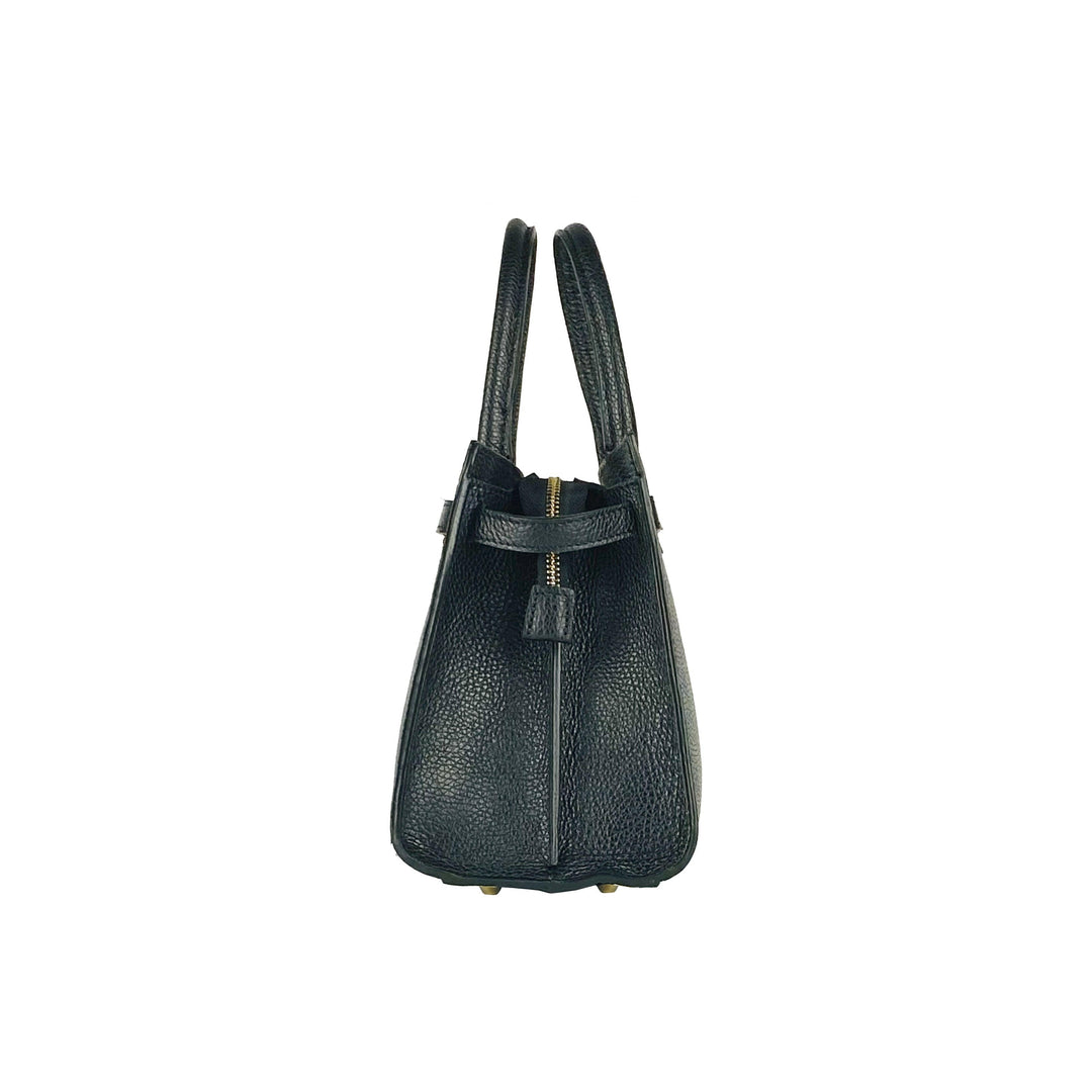 RB1016A | Women's handbag in genuine leather with removable shoulder strap. Attachments with shiny gold metal snap hooks - Black color -5