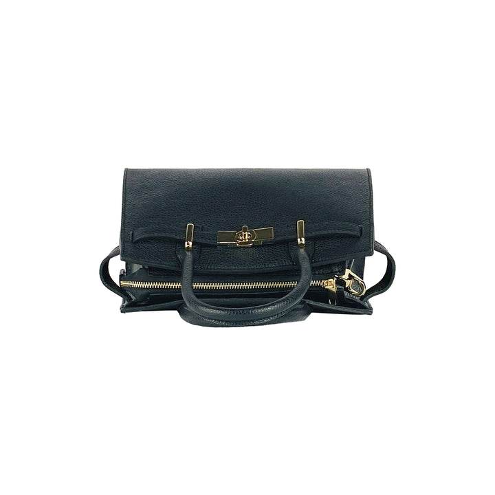 RB1016A | Women's handbag in genuine leather with removable shoulder strap. Attachments with shiny gold metal snap hooks - Black color -6