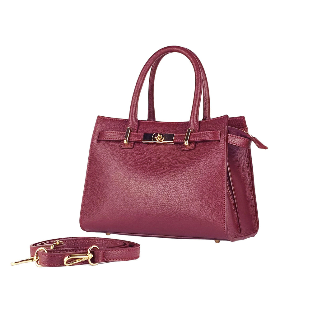 RB1016X | Women's handbag in genuine leather with removable shoulder strap. Attachments with shiny gold metal snap hooks. Bordeaux colour.-0