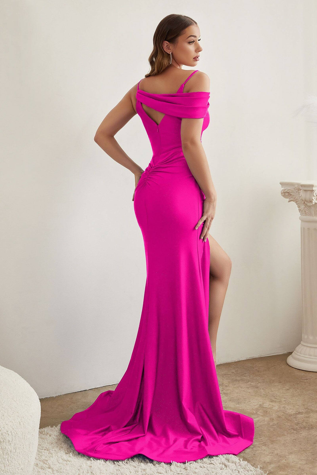 Assymetrical Shoulder V-neck Glittery Bodice Sexy Stretch satin Evening Gala Red Carpet Glittery Formal Prom Dress CDCD881 | Shangri-La Fashion