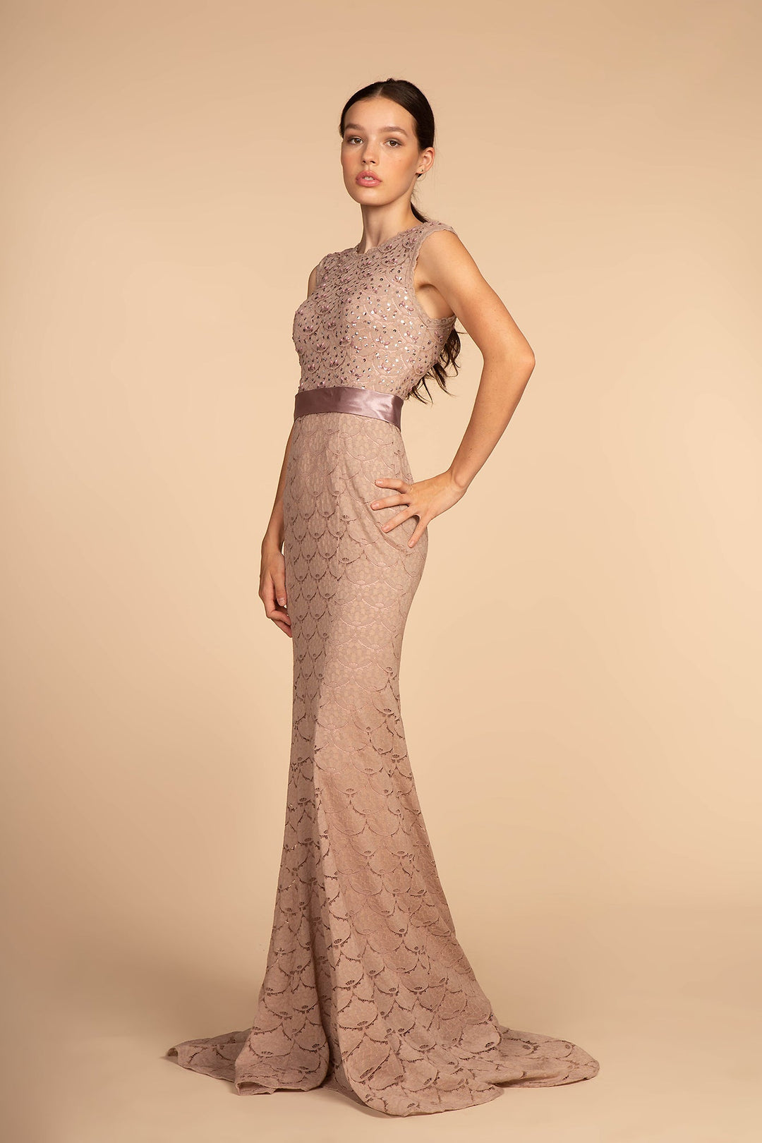 Jewel Embellished Bodice Lace Long Dress GLGL2613 | Shangri-La Fashion