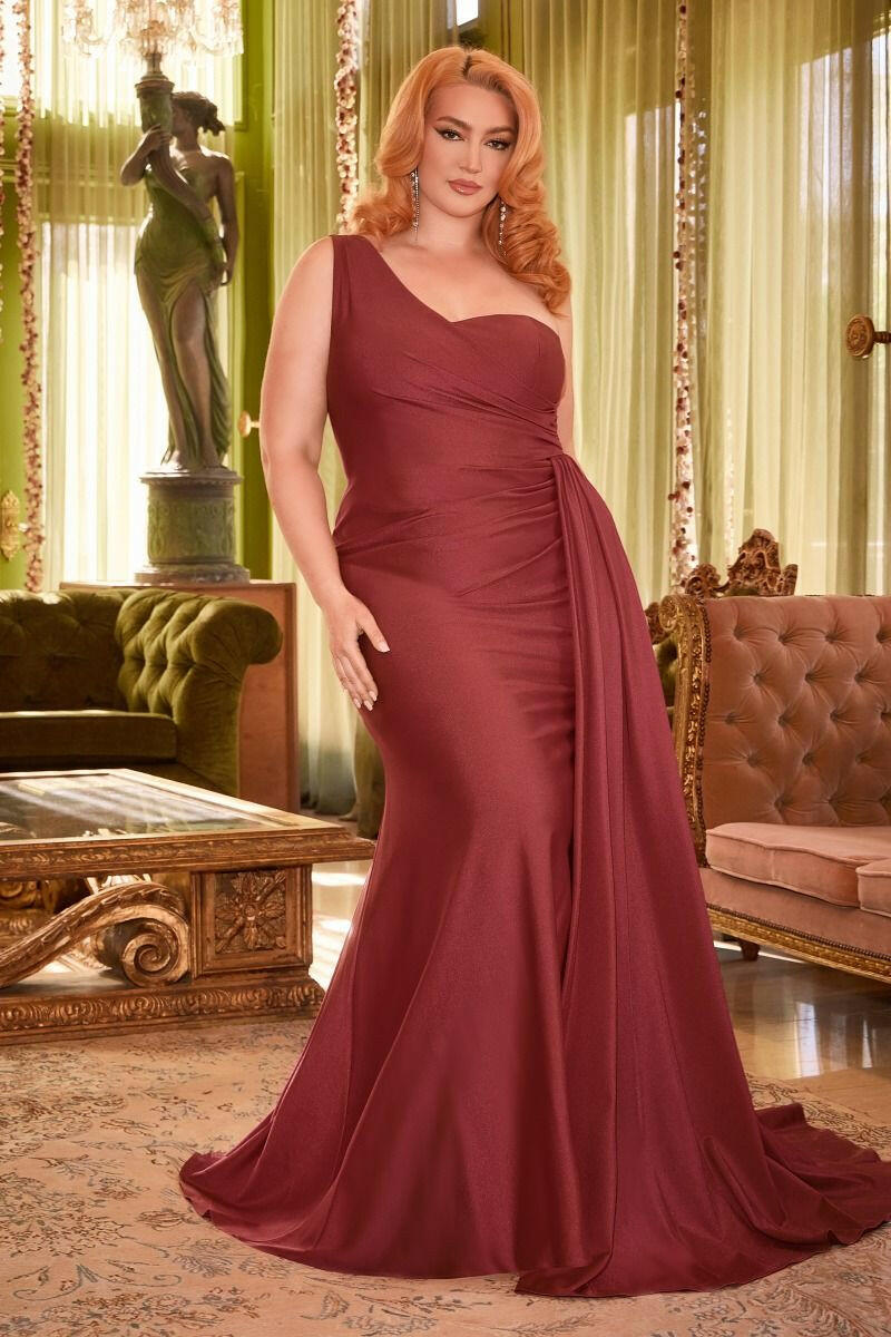 Fitted Stretch One Shoulder Satin Plus Size Long Evening Dress CDPT004C-9