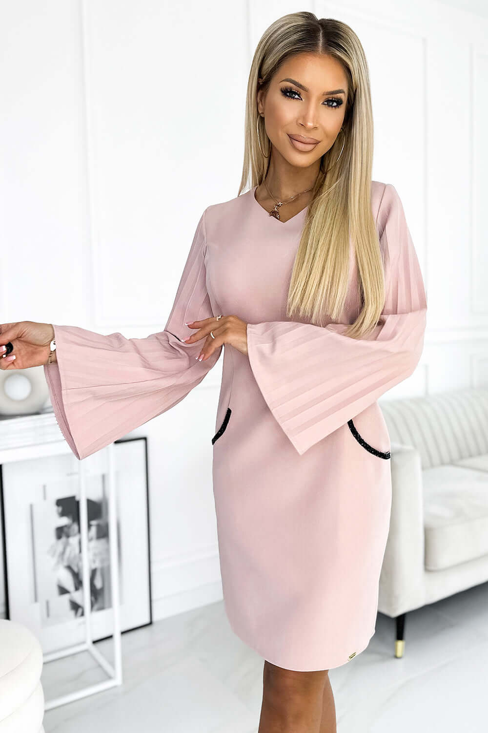 Bergamo 438-2 Dress with pleated sleeves and pockets - powder pink | Shangri-La Fashion