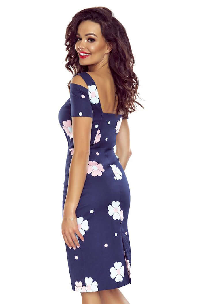 Bergamo 440-3 Elegant dress with short sleeves - dark blue with flowers | Shangri-La Fashion