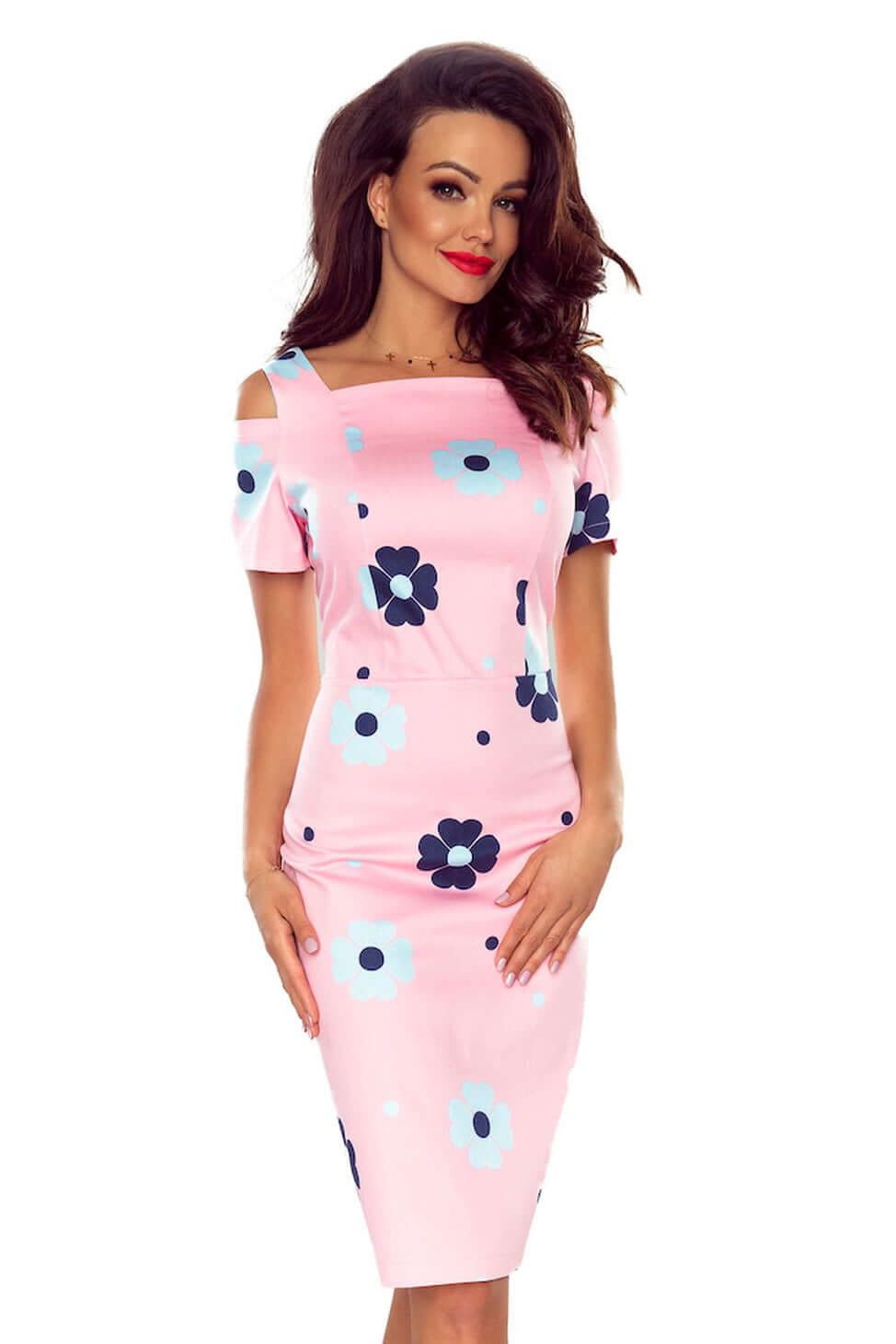 Bergamo 440-4 Elegant dress with short sleeves - pink with flowers | Shangri-La Fashion